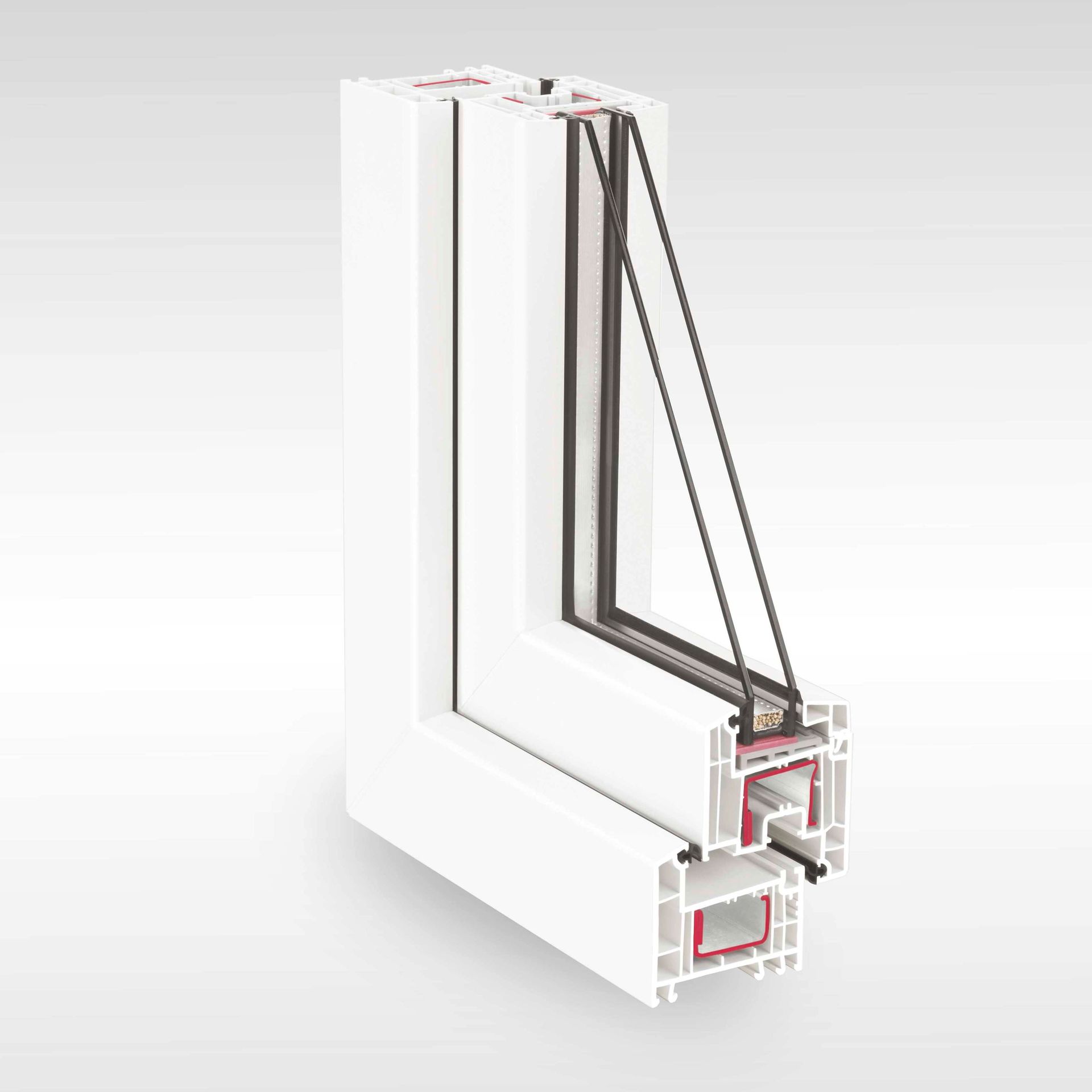 Presek REHAU Euro-Design 70 PVC profila sa pet komora i izolacionim staklom